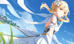 Rule 34 | 1girl, backless dress, backless outfit, bare shoulders, bird, blonde hair, blue sky, blurry, blurry foreground, breasts, cliff, cloud, commentary, cowboy shot, detached sleeves, dot nose, dress, dutch angle, flower, gauntlets, genshin impact, grass, hair flower, hair ornament, hand up, highres, koki (latte1023), looking at viewer, looking back, lumine (genshin impact), medium breasts, outdoors, parted lips, scarf, short hair, short hair with long locks, sidelocks, sky, solo, tree, white dress, white flower, white scarf, yellow eyes