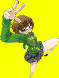Rule 34 | 1girl, atlus, bespectacled, brown eyes, brown hair, checkered clothes, checkered skirt, fighting stance, glasses, highres, kaisanbutsu, kicking, lapel pin, persona, persona 4, satonaka chie, skirt, solo, yellow-framed eyewear, yellow background