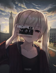 Rule 34 | 1girl, absurdres, black jacket, black shirt, blonde hair, blush, building, camera, closed mouth, cloud, cloudy sky, collarbone, commentary request, elizabeth tower, highres, holding, jacket, long hair, long sleeves, looking at viewer, open clothes, original, outdoors, pangbai 666, red eyes, shirt, sky, smile, solo, twintails, upper body