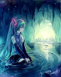 Rule 34 | 1girl, bad id, bad pixiv id, cave, detached sleeves, green hair, hatsune miku, highres, long hair, necktie, sitting, skirt, solo, thighhighs, twintails, very long hair, vocaloid, water, yuumare
