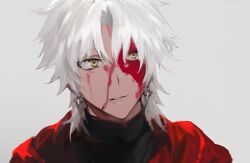 Rule 34 | 1boy, amakusa shirou (fate), blood, blood on face, dark-skinned male, dark skin, earrings, fate/apocrypha, fate (series), forzen, highres, jewelry, looking at viewer, male focus, parted lips, portrait, simple background, solo, white background, white hair, yellow eyes