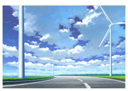 Rule 34 | bad id, bad pixiv id, blue sky, cloud, cloudy sky, commentary request, day, grass, hariken, highres, lake, nature, no humans, original, outdoors, revision, road, scenery, sky, water, wind turbine, windmill