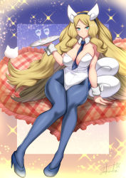 Rule 34 | 1girl, animal ears, aqua eyes, arm at side, bare arms, bare shoulders, between breasts, blonde hair, blue footwear, blue necktie, blue pantyhose, breasts, caitlin (pokemon), cleavage, closed mouth, commentary request, commission, contrapposto, cosplay, creatures (company), cushion, detached collar, dot mouth, dot nose, fake animal ears, forehead, full body, game freak, gen 6 pokemon, heart, high heels, highleg, highleg leotard, highres, holding, holding tray, knees together feet apart, large breasts, leotard, long hair, looking at viewer, meowstic, necktie, necktie between breasts, nintendo, pantyhose, parted bangs, pixiv commission, playboy bunny, pokemon, pokemon bw2, signature, solo, sparkle background, strapless, strapless leotard, takecha, thighs, tray, very long hair, white leotard, wrist cuffs