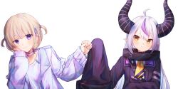 Rule 34 | 2girls, absurdres, ahoge, blonde hair, choker, collar, commentary request, fist bump, grey hair, highres, hololive, hololive dev is, horns, jacket, la+ darknesss, long hair, metal collar, multiple girls, pointy ears, purple eyes, short twintails, sleeves past fingers, sleeves past wrists, smile, sorainu1211eaka, todoroki hajime, twintails, virtual youtuber, white background, yellow eyes