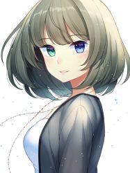 Rule 34 | 1girl, blue eyes, blue jacket, blunt bangs, blush, bob cut, breasts, commentary, from side, green eyes, grey hair, heterochromia, highres, idolmaster, idolmaster cinderella girls, jacket, jenevan, jewelry, looking at viewer, looking to the side, medium breasts, mole, mole under eye, necklace, open clothes, open jacket, parted lips, shirt, short hair, simple background, smile, solo, takagaki kaede, white background, white shirt
