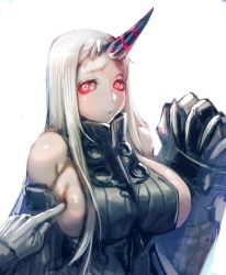 Rule 34 | 1girl, abyssal ship, admiral (kancolle), bare shoulders, blush, bow (bhp), breast poke, breasts, commentary request, dress, gloves, horns, huge breasts, kantai collection, long hair, oversized forearms, oversized limbs, pale skin, poking, red eyes, redrawn, ribbed dress, seaport princess, sideboob, simple background, single horn, solo focus, upper body, white background, white gloves, white hair