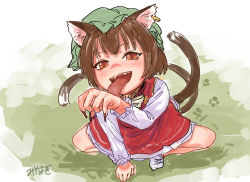 Rule 34 | 1girl, :d, absurdres, animal ears, barbed tongue, blush, bow, bowtie, brown eyes, brown hair, cat ears, cat tail, chen, dress, earrings, fangs, fingernails, foreshortening, from above, gold trim, green hat, hand up, hat, highres, jewelry, licking, licking hand, long fingernails, long sleeves, looking at viewer, misohagi, mob cap, multiple tails, nekomata, one-hour drawing challenge, open mouth, paw print, red dress, sharp fingernails, simple background, single earring, smile, solo, spread legs, squatting, tail, tongue, tongue out, touhou, two tails, white bow, white bowtie