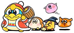 Rule 34 | bkub, black eyes, blue eyes, blue hat, blush, blush stickers, broom, broom hatter, closed mouth, frown, fur trim, hammer, hat, holding, holding broom, holding hammer, holding weapon, king dedede, kirby, kirby (series), nintendo, no humans, open mouth, red hat, red robe, robe, scarfy, simple background, smile, star (symbol), waddle dee, weapon, white background, witch hat, yellow eyes