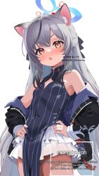 Rule 34 | 1girl, animal ears, blue archive, breasts, commentary, commission, dated, grey hair, hair between eyes, halo, jacket, kokona (blue archive), long hair, looking at viewer, mokyutan, simple background, skeb commission, small breasts, solo, twitter username, white background, yellow eyes