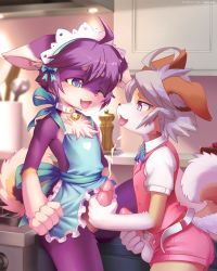 Rule 34 | 2boys, :3, ahoge, ancesra, animal ear fluff, animal ears, animal nose, apron, apron lift, artist name, bare shoulders, bell, belt, blue apron, blue eyes, blue ribbon, blurry, blurry background, blush, body fur, buttons, cake, cake slice, clothes lift, collar, collared shirt, commission, cowboy shot, cum, dog ears, dog tail, ears down, ejaculation, erection, eye contact, fang, food, frilled apron, frills, from side, furry, furry male, furry with furry, grey hair, half-closed eye, half-closed eyes, handjob, happy, heart, highres, indoors, jingle bell, kitchen, leg up, looking at another, maid headdress, male focus, male masturbation, masturbation, multiple boys, naked apron, neck bell, neck ribbon, one eye closed, open clothes, open fly, open mouth, open shorts, orgasm, original, patreon username, penis, pink shorts, pink vest, profile, purple fur, ribbon, shirt, short hair, short shorts, short sleeves, shorts, sidelocks, smile, snout, spread legs, standing, stove, tail, testicles, tongue, tongue out, two-tone fur, unbuttoned, vest, watermark, white fur, white shirt, yaoi, yellow fur