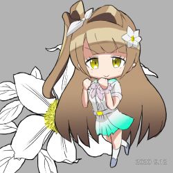Rule 34 | 1girl, a song for you! you? you!, arm scrunchie, artist name, artist request, bare legs, belt, blush, bow, breasts, brown eyes, brown hair, chibi, clenched hands, collarbone, female focus, flower, fukajima, full body, grey background, grey hair, hair bow, hair flower, hair ornament, hair rings, light brown hair, long hair, looking at viewer, love live!, love live! school idol festival, love live! school idol project, minami kotori, miniskirt, neckerchief, parted lips, pink neckerchief, pink scrunchie, plaid, plaid skirt, pleated, pleated skirt, ponytail, sailor collar, scrunchie, shirt, shoes, short sleeves, side ponytail, skirt, small breasts, smile, solo, standing, standing on one leg, v-shaped eyebrows, white belt, white bow, white flower, white sailor collar, white shirt, white skirt, yellow eyes