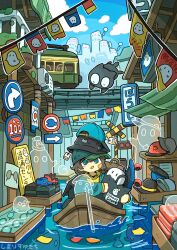 Rule 34 | 1girl, artist name, bag, bandaid, bandaid on face, baseball cap, black cat, black hair, blue eyes, blue jacket, blue sky, boat, building, cat, cloud, commentary, condenser unit, fish, ghost, hat, highres, holding, holding bag, hood, hood down, jacket, long sleeves, open mouth, original, outdoors, price tag, road sign, shimarisu yukichi, shirt, shoes, shop, sign, sky, stacked hats, symbol-only commentary, train, unworn eyewear, unworn headwear, unworn shoes, water, watercraft, yellow shirt