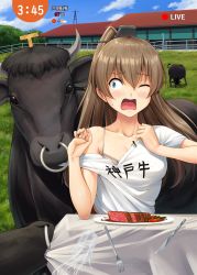 Rule 34 | 1girl, animal, aqua eyes, beef, blush, bra, brown bra, brown hair, cloud, collarbone, cow, cow horns, cup, day, drinking glass, food, fork, hair between eyes, highres, horns, ichikawa feesu, kantai collection, knife, kumano (kancolle), long hair, one eye closed, open mouth, plate, shirt, short sleeves, solo, torn clothes, underwear, water, white shirt