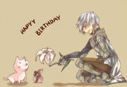 Rule 34 | 1boy, :3, armor, armored boots, azumi on, boots, brown background, brown pants, cape, cat, chainmail, commentary request, flower, full body, gauntlets, gift, grey hair, happy birthday, holding, holding flower, knight (ragnarok online), pants, parted lips, pauldrons, pink cat, ragnarok online, short hair, shoulder armor, smile, solo, squatting, white cape