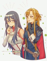 Rule 34 | 2girls, armor, asuna (sao), asuna (sao) (cosplay), bare shoulders, blue eyes, blue gloves, blue hair, blush, breastplate, cape, closed mouth, cosplay, costume switch, crossover, detached sleeves, dress, fingerless gloves, fire emblem, fire emblem awakening, gloves, hair between eyes, highres, long hair, looking at another, lucina (fire emblem), lucina (fire emblem) (cosplay), multiple girls, nintendo, open mouth, orange eyes, orange hair, rizqyan 3, shoulder armor, sidelocks, sword art online, white dress