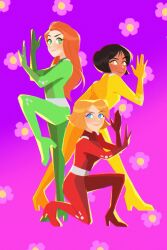 Rule 34 | 3girls, alex (totally spies), ass, belt, black hair, blonde hair, blue eyes, bodysuit, breasts, brown eyes, catsuit, clover (totally spies), commentary, dark-skinned female, dark skin, english commentary, flower, full body, green bodysuit, green eyes, highres, impossible bodysuit, impossible clothes, latex, long hair, looking at viewer, medium breasts, metal belt, multiple girls, red bodysuit, red hair, sam (totally spies), short hair, skin tight, smile, stripedpants, totally spies, whoop catsuit, yellow bodysuit