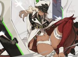 Rule 34 | 1girl, bandaged arm, bandaged leg, bandages, blonde hair, blouse, character request, closed mouth, clover, dark-skinned female, dark skin, english text, four-leaf clover, guilty gear, guilty gear strive, hat, hat over one eye, highres, long hair, micro shorts, navel, peaked cap, planted, planted sword, planted weapon, ramlethal valentine, seinen, shaded face, shirt, shorts, sitting, solo, sword, thigh strap, thighs, toenails, weapon, white hat, white shirt, yellow eyes
