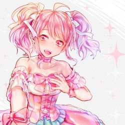Rule 34 | 1girl, :d, ahoge, bang dream!, bare shoulders, bow, bowtie, choker, collarbone, detached sleeves, dress, hair ribbon, hand on own chest, here (artist), looking at viewer, maruyama aya, open mouth, pink bow, pink bowtie, pink choker, pink dress, pink eyes, pink hair, ribbon, sidelocks, smile, solo, sparkle, twintails, upper body, white ribbon, wrist bow