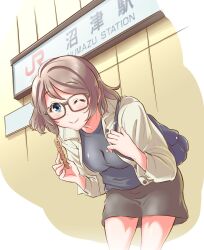 Rule 34 | 1girl, bag, blue eyes, blush, brown hair, food, glasses, gonta (gshoutai), highres, holding, holding food, looking at viewer, love live!, love live! sunshine!!, one eye closed, short hair, smile, solo, thighs, watanabe you, wavy hair