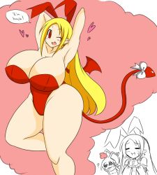 Rule 34 | 1girl, alternate breast size, animal ears, armpits, arms up, bare shoulders, blonde hair, breasts, cleavage, curvy, demon tail, demon wings, disgaea, dreaming, earrings, fake animal ears, female focus, flonne, flonne (fallen angel), groin, heart, huge breasts, jewelry, legs, long hair, makai senki disgaea, aged up, one eye closed, open mouth, playboy bunny, pointy ears, rabbit ears, red eyes, standing, tail, thick thighs, thighs, wings, wink, zeon (pixiv722928)