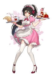Rule 34 | 1girl, apron, bad id, bad pixiv id, black hair, bow, cake, cake slice, dessert, dress, food, frilled dress, frills, full body, glass, high heels, highres, holding, holding tray, jam, long hair, looking at viewer, maid, open mouth, original, pancake, parfait, pink dress, pink wristband, ponytail, puffy short sleeves, puffy sleeves, red bow, red eyes, risem, short sleeves, simple background, standing, thighhighs, tray, very long hair, waitress, white background, white thighhighs, wristband