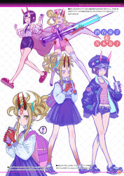 Rule 34 | !, 2girls, alternate costume, alternate hairstyle, backpack, badge, bag, bare legs, bare shoulders, black headwear, black jacket, black skirt, blonde hair, blouse, bob cut, breasts, bubble tea, cabbie hat, choker, crocs, cross, cup, doctor, double bun, dress, drinking, drinking straw, eyeliner, facial mark, fate/grand order, fate (series), forehead, forehead mark, glasses, gourd, hair bun, hair pulled back, hand in pocket, hat, heart, high-waist skirt, highres, holding, holding cup, holding syringe, honjou raita, horns, horns through headwear, ibaraki douji (fate), jacket, lab coat, large syringe, long hair, long sleeves, looking at viewer, makeup, multiple girls, neck ribbon, necktie, nurse, nurse cap, off shoulder, oni, open clothes, open jacket, oversized object, pencil skirt, pink dress, pleated skirt, puffy sleeves, purple eyes, purple hair, red cross, ribbon, school bag, school uniform, scrunchie, shirt, shoes, short hair, short shorts, shorts, shuten douji (fate), side slit, sidelocks, skin-covered horns, skirt, small breasts, sneakers, stethoscope, striped clothes, striped shirt, syringe, tank top, tattoo, thighhighs, translation request, twintails, white shirt, white thighhighs, yellow eyes