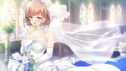 Rule 34 | 1girl, akizuki mikoto, ayase hazuki, bare shoulders, blush, bouquet, breasts, bridal veil, bride, brown eyes, brown hair, choker, church, cleavage, day, dress, elbow gloves, eyebrows hidden by hair, female focus, flower, game cg, gloves, highres, holding, holding bouquet, indoors, large breasts, light rays, looking at viewer, medium breasts, medium hair, open mouth, original, smile, solo, standing, upper body, veil, wedding dress, wind, yubisaki connection