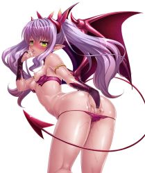 Rule 34 | 00s, 1girl, ass, back, bare legs, bare shoulders, bat wings, bikini, blush, breasts, bridal gauntlets, cloud, demon girl, demon tail, fangs, female focus, female masturbation, finger sucking, fingering, highres, horns, huge ass, kagami hirotaka, legs, lilim (taimanin asagi battle arena), lilith-soft, long hair, looking at viewer, looking back, masturbation, naughty face, night, nipples, partially visible vulva, pussy juice, saliva, shiny skin, simple background, sky, slit pupils, small breasts, solo, sweat, swimsuit, tail, taimanin (series), taimanin asagi, taimanin asagi kessen arena, thong, tongue, tongue out, twintails, underwear, white background, wings