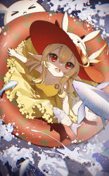 Rule 34 | 1girl, :d, absurdres, ahoge, ai dongdong, alternate costume, animal, casual, clover print, collarbone, commentary request, contemporary, dodoco (genshin impact), dress, fish, flying fish, from above, genshin impact, hair between eyes, hat, hat feather, hat ornament, highres, holding, holding animal, holding fish, in water, innertube, jumpy dumpty, klee (genshin impact), light brown hair, long hair, looking at viewer, looking up, low twintails, ocean, open mouth, pointy ears, red eyes, shaded face, sidelocks, sleeveless, smile, spaghetti strap, stuffed animal, stuffed toy, sun hat, swim ring, twintails, yellow dress
