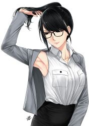Rule 34 | 1girl, adjusting hair, arm up, armpits, bare shoulders, black-framed eyewear, black eyes, black hair, black skirt, blazer, breast pocket, breasts, closed mouth, collarbone, collared shirt, dress shirt, glasses, grey blazer, grey eyes, hand in own hair, high ponytail, highres, jacket, looking down, looking to the side, medium breasts, office lady, open clothes, open jacket, original, pale skin, pencil skirt, pink lips, pocket, ponytail, shirt, sidelocks, signature, simple background, skirt, sleeveless, sleeveless shirt, smile, solo, standing, swept bangs, tagme, watermark, white background, white shirt, xter
