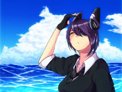 Rule 34 | 10s, 1girl, breasts, cloud, collarbone, day, eyepatch, firen, gloves, headgear, highres, kantai collection, large breasts, looking up, necktie, ocean, partially fingerless gloves, purple hair, school uniform, short hair, solo, tenryuu (kancolle), yellow eyes