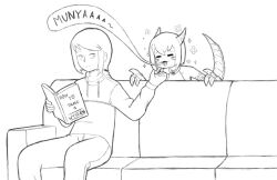 Rule 34 | 1girl, book, claws, couch, dragon, dragon girl, dragon horns, dragon tail, dragon wings, english text, flower, hand on another&#039;s chin, highres, holding, holding book, horns, indoors, kurovah, monster girl, monster girl encyclopedia, on couch, open book, reading, scales, sitting, stroking another&#039;s chin, tail, winged arms, wings, wyvern, wyvern (monster girl encyclopedia)
