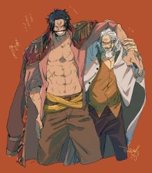 Rule 34 | +++, 2boys, abs, aktrks01, arm around neck, arm at side, arm up, bare pectorals, beard, black hair, cloak, closed eyes, coat, coat on shoulders, cropped legs, dated, facial hair, fang, friends, gol d. roger, grey hair, grin, height difference, highres, long hair, looking at another, lying, male focus, mature male, multiple boys, muscular, muscular male, mustache, old, old man, on stomach, one piece, open clothes, open mouth, open shirt, orange background, pants, pectorals, pink shirt, scar, scar across eye, scar on arm, scar on chest, shirt, short hair, side-by-side, signature, silvers rayleigh, simple background, sleeves rolled up, smile, white cloak