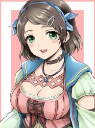 Rule 34 | 1girl, absurdres, black choker, blue hairband, breasts, brown hair, choker, cleavage, green eyes, hair ornament, hairband, hairclip, higemaccho, highres, jewelry, large breasts, looking at viewer, medium breasts, necklace, nina deforges, open mouth, short hair, smile, solo, star ocean, star ocean the divine force