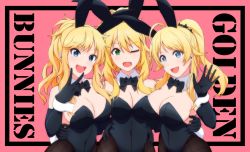 Rule 34 | 3girls, :d, ;d, ahoge, animal ears, arm around waist, text background, bare shoulders, black border, black bow, black bowtie, black gloves, black leotard, blue eyes, blush, border, bow, bowtie, breasts, brown legwear, ccg842000, cleavage, commentary request, covered navel, cowboy shot, detached collar, elbow gloves, english text, fake animal ears, fake tail, gloves, green eyes, hachimiya meguru, hand up, highres, hoshii miki, idolmaster, idolmaster (classic), idolmaster cinderella girls, idolmaster shiny colors, large breasts, leotard, looking at viewer, multiple girls, ohtsuki yui, one eye closed, open mouth, outside border, pantyhose, parted bangs, pink background, playboy bunny, ponytail, rabbit ears, rabbit tail, sidelocks, smile, strapless, strapless leotard, tail, teeth, trait connection, upper teeth only, v, waving