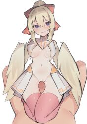 Rule 34 | 1boy, 1girl, bare shoulders, bird legs, blonde hair, blue eyes, blush, breast curtains, breasts, commentary, commission, english commentary, feathers, girl on top, hair ribbon, harpy, hetero, highres, indie virtual youtuber, looking at viewer, mavia (vtuber), medium breasts, monster girl, navel, oniyanna, parted lips, penis, pink thighhighs, pov, ribbon, showgirl skirt, thigh sex, thighhighs, uncensored, virtual youtuber, winged arms, wings, yellow feathers, yellow wings