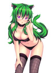 Rule 34 | 1girl, :o, animal ear fluff, animal ears, bare arms, bare shoulders, black bra, black hair, black panties, black thighhighs, blush, bra, breasts, cat ears, cat tail, cleavage, collar, collarbone, ear piercing, green hair, hair between eyes, hand in own hair, hand on thighs, hanging breasts, head tilt, highres, large breasts, leaning forward, long hair, looking at viewer, multicolored hair, navel, nottytiffy, open mouth, original, panties, piercing, purple eyes, shiny skin, simple background, solo, spiked collar, spikes, stomach, streaked hair, tail, thighhighs, underwear, underwear only, white background