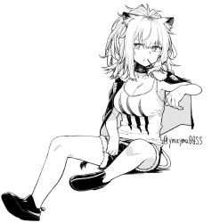 Rule 34 | 1girl, animal ears, arknights, breasts, candy, cleavage, collar, commentary, food, full body, fur-trimmed shorts, fur trim, greyscale, highres, jacket, jacket on shoulders, large breasts, leather, leather jacket, lion ears, lion girl, lion tail, lollipop, long hair, looking at viewer, monochrome, mouth hold, open clothes, open jacket, ponytail, shoes, shorts, siege (arknights), simple background, sitting, solo, studded collar, tail, tank top, twitter username, white background, yom (ymayma00ss)