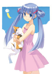 Rule 34 | 00s, 1girl, aged up, amano saki, bare shoulders, blue eyes, blue hair, blush, bow, breasts, calico, carrying, cat, cloud, cowboy shot, dress, from side, hair ribbon, hair rings, inu777, kanamemo, light smile, long hair, looking at viewer, matching hair/eyes, ofuda, outdoors, pink dress, pleated dress, ribbon, short dress, sky, small breasts, smile, solo, sundress, twintails, very long hair
