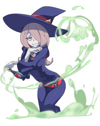 Rule 34 | 10s, 1girl, dress, hair over one eye, half-closed eyes, hat, highres, little witch academia, pale skin, pink hair, red eyes, robe, sharp teeth, solo, sucy manbavaran, teeth, wide sleeves, witch, witch hat