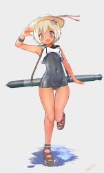 Rule 34 | 10s, 1girl, alternate hair length, alternate hairstyle, blonde hair, blue eyes, commentary, covered navel, crop top, flower, hair flower, hair ornament, hat, highres, jovejun, kantai collection, one-piece tan, puddle, revision, ro-500 (kancolle), sailor collar, school swimsuit, shoes, short hair, solo, swimsuit, swimsuit under clothes, tan, tanline, toeless footwear, torpedo