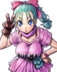 Rule 34 | 1girl, amania orz, blue eyes, blue hair, bow, breasts, bulma, dragon ball, dragon ball (classic), gloves, hair bow, large breasts, long hair, looking at viewer, open mouth, simple background, single glove, solo, v, white background