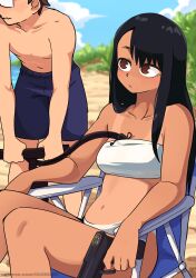Rule 34 | 1boy, 1girl, absurdres, air pump, bare arms, bare shoulders, bikini, black hair, chair, closed mouth, collarbone, commentary, dashi (dashiart), day, english commentary, gun, hachiouji naoto, highres, holding, holding gun, holding weapon, ijiranaide nagatoro-san, long hair, looking at another, nagatoro hayase, navel, outdoors, red eyes, sitting, stomach, swimsuit, topless, weapon, white bikini