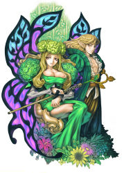Rule 34 | 1boy, 1girl, absurdres, belt, blonde hair, breasts, butterfly wings, chair, cleavage, coat, dress, elf, elfaria, elfaria (odin sphere), fairy, flower, frown, hat, highres, holding, insect wings, lace, large breasts, leaf, long hair, looking at viewer, mature female, melvin, muscular, nature, non-web source, odin sphere, official art, open clothes, open shirt, pectorals, pointy ears, red eyes, scan, shirai yasuo, shirt, side slit, sidelocks, simple background, sitting, smile, staff, standing, thighs, throne, trench coat, wavy hair, wings