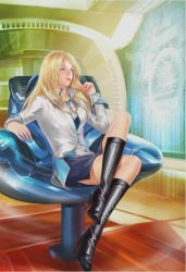 Rule 34 | 1girl, blonde hair, blouse, blue eyes, boots, breasts, final fantasy, final fantasy viii, high heel boots, high heels, hologram, long hair, quistis trepe, shirt, solo, thighhighs, white shirt