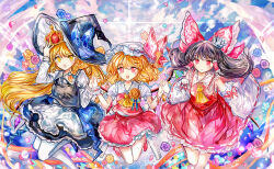 Rule 34 | 3girls, alternate headwear, apron, ascot, blonde hair, blue bow, blush, bow, braid, brown hair, commentary request, crown, crystal, detached sleeves, flandre scarlet, frilled bow, frilled hair tubes, frills, hair bow, hair tubes, hakurei reimu, hat, hat bow, holding hands, interlocked fingers, kirisame marisa, long hair, long sleeves, mob cap, multicolored wings, multiple girls, one side up, open mouth, pantyhose, red bow, red eyes, red skirt, red vest, ribbon-trimmed sleeves, ribbon trim, sanuo, side braid, side ponytail, single braid, single wrist cuff, skirt, skirt set, smile, touhou, vest, waist apron, white hat, white pantyhose, wings, witch hat, wrist cuffs, yellow ascot, yellow eyes