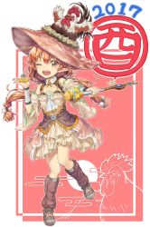 Rule 34 | 1girl, 2017, animal, animal on head, arm warmers, ascot, bare shoulders, bird, blush, brown dress, brown eyes, brown footwear, brown hat, chicken, chinese zodiac, colored eyelashes, detached sleeves, dress, full body, hair between eyes, hand up, hat, hexagram, highres, holding, holding wand, keyhole, komase (jkp423), leg warmers, long hair, looking at viewer, low-tied long hair, low twintails, nest, on head, one eye closed, open mouth, orange hair, original, outstretched arm, pinky out, pointy ears, pom pom (clothes), rooster, shoes, sleeveless, sleeveless dress, solo, speech bubble, standing, standing on one leg, twintails, wand, wide sleeves, witch hat, year of the rooster