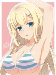 Rule 34 | 10s, 1girl, :o, aqua eyes, arm up, armpits, bad id, bad pixiv id, bikini, blonde hair, blunt bangs, blush, breasts, chestnut mouth, cleavage, collarbone, hair ornament, hairclip, highres, large breasts, long hair, looking at viewer, open mouth, outline, pink background, raised eyebrows, ramchi, senran kagura, shiny skin, signature, simple background, striped bikini, striped clothes, swimsuit, tareme, underboob, upper body, white outline, yomi (senran kagura)