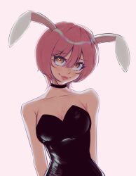 Rule 34 | 1girl, black choker, boku girl, breasts, brown eyes, choker, cleavage, collarbone, commentary, english commentary, head tilt, highres, leaning to the side, leotard, medium breasts, mole, mole under mouth, pink background, pink hair, playboy bunny, sakitteny, short hair, smile, solo, suzushiro mizuki, upper body