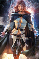 Rule 34 | 1girl, banned artist, black choker, blouse, boots, breasts, brown eyes, brown hair, cape, choker, cleavage, cloak, elden ring, heterochromia, hood, hooded cape, hooded cloak, large breasts, leather, leather pants, looking at viewer, melina (elden ring), navel, pants, parted lips, sakimichan, shirt, thigh boots, thighhighs, white shirt